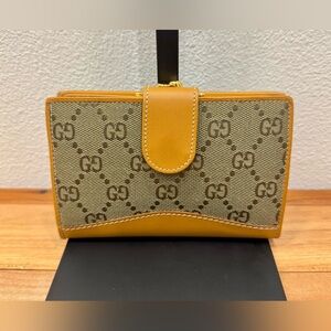 Gucci Vintage Gold Kisslock Monogram Canvas and Tan Leather Wallet
